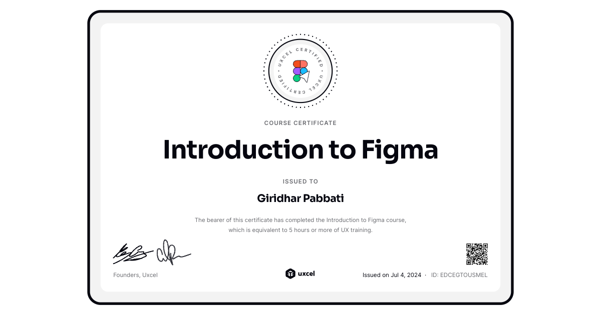 Certificate of completion for introduction to figma uxcel